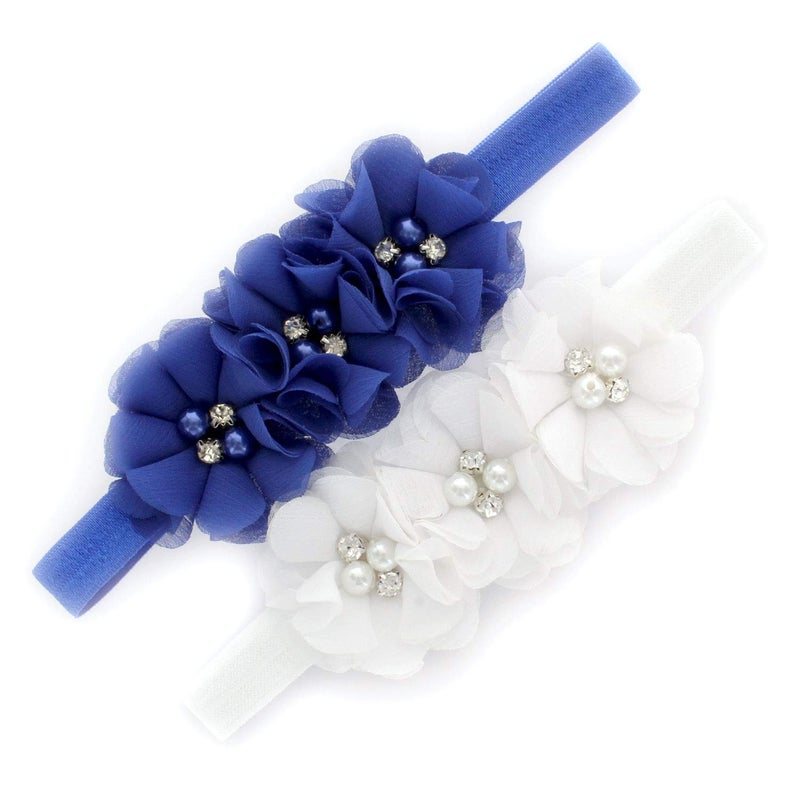 My Lello Girls Flower Headbands Toddler Fabric Beaded Trio Stretchy Elastic Pair (Royal/White) - Image 1